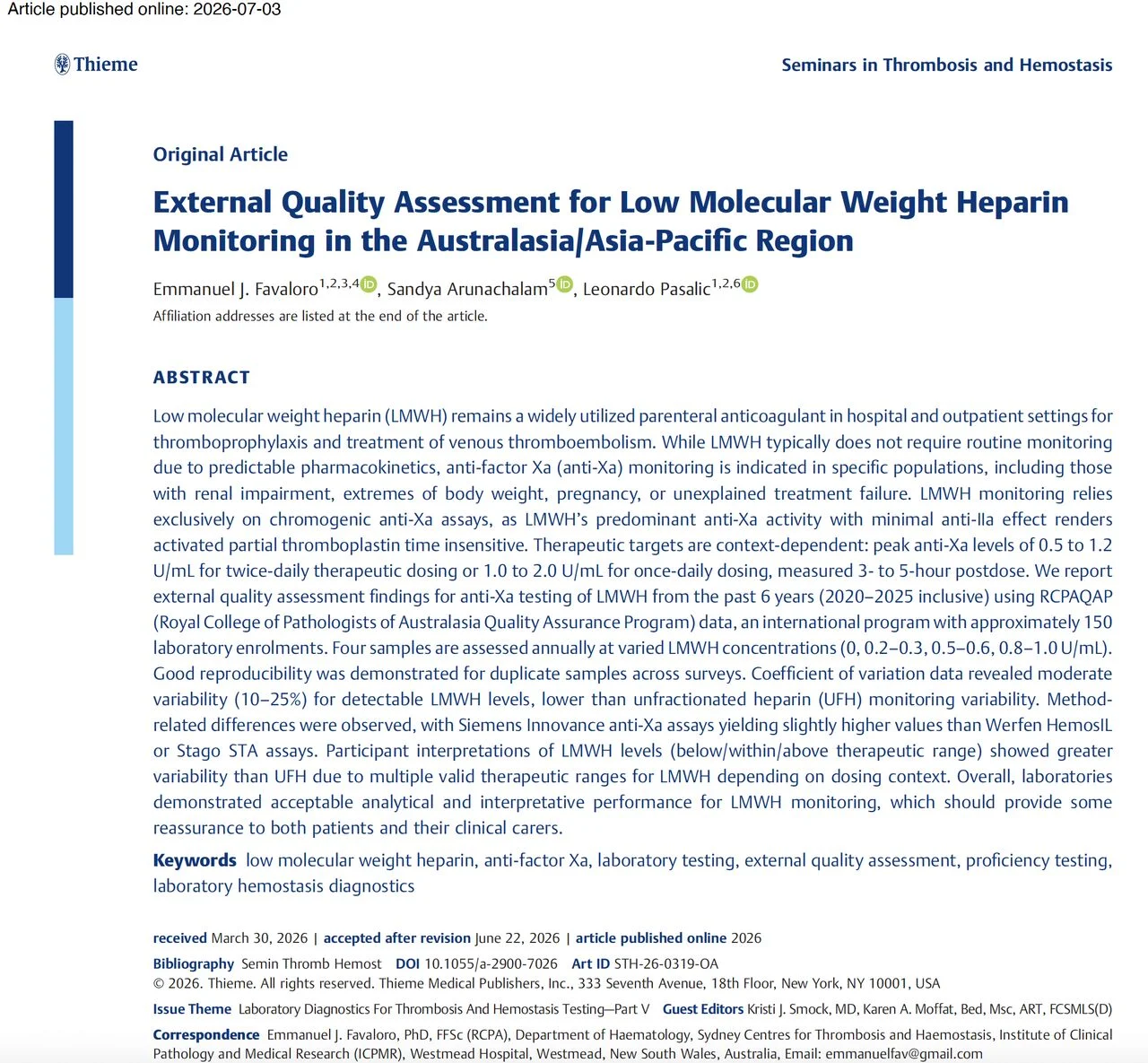 Emmanuel J. Favaloro: New Research Highlights Benchmarks for Low Molecular Weight Heparin Monitoring