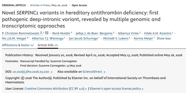 First Pathogenic Deep-Intronic SERPINC1 Variant Identified in Hereditary Antithrombin Deficiency - JTH