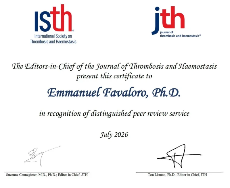 Emmanuel J Favaloro: Honored with the JTH Distinguished Peer Review Award