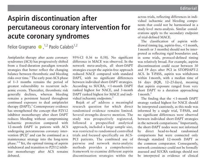 Felice Gragnano: New Publication on Aspirin Discontinuation After PCI for Acute Coronary Syndromes 1 Felice Gragnano