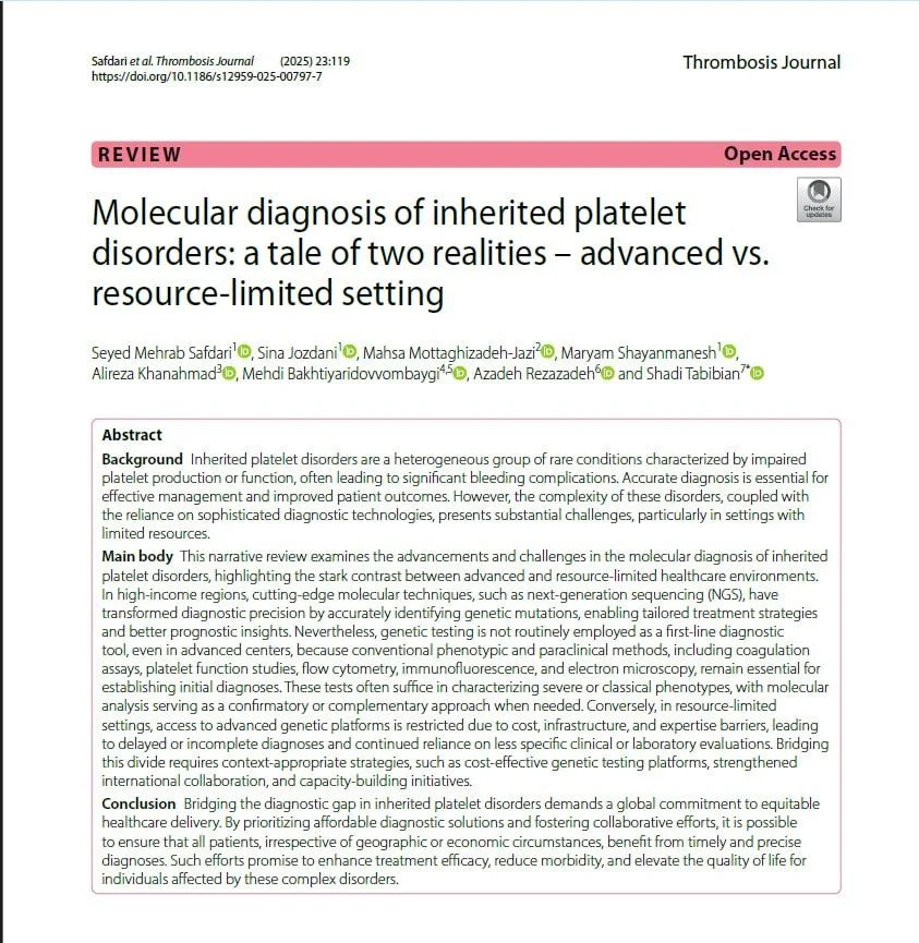 Seyed Mehrab Safdari: Bridging the Molecular Diagnosis Gap in Inherited Platelet Disorders