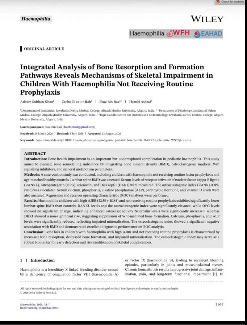 Hamid Ashraf: The RANKL/OPG Index as a Bone Health Biomarker in Children with Haemophilia 1 Hamid Ashraf