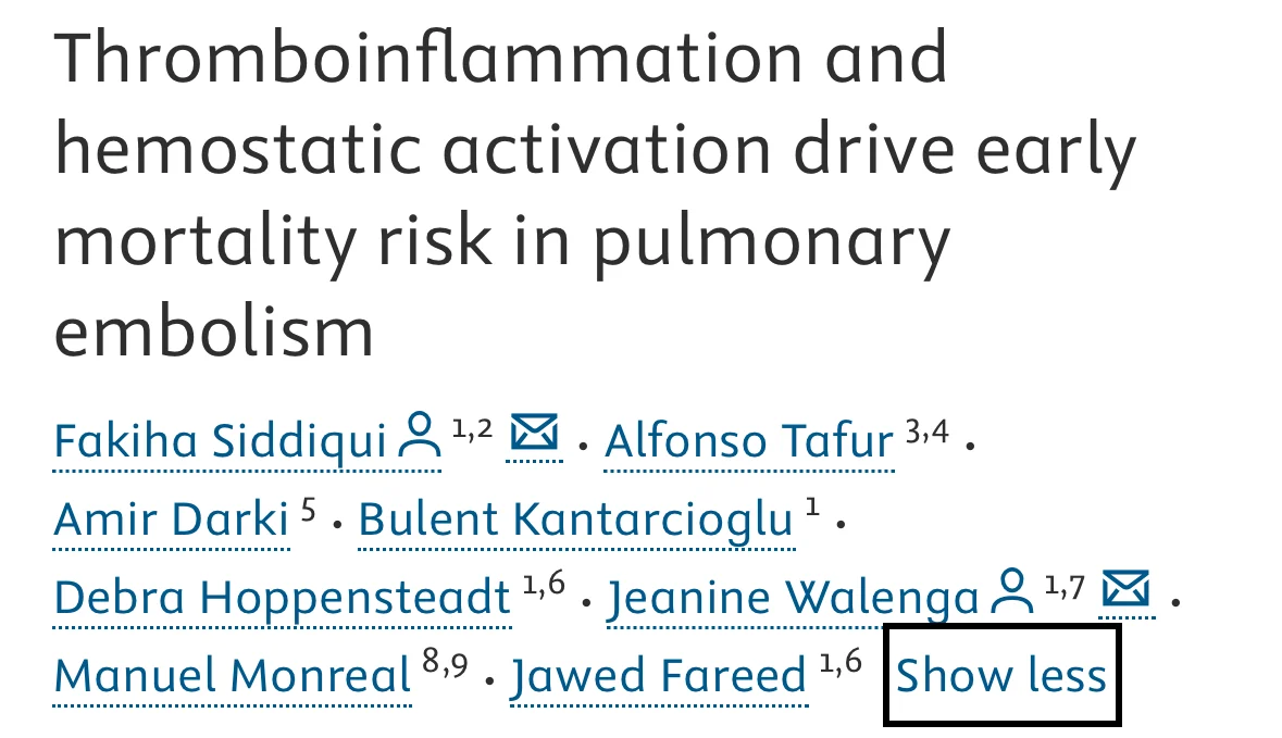 Alfonso J. Tafur: Thromboinflammation and Hemostatic Dysfunction as Predictors of Early Pulmonary Embolism Mortality 1 Alfonso J. Tafur: Thromboinflammation and Hemostatic Dysfunction as Predictors of Early Pulmonary Embolism Mortality