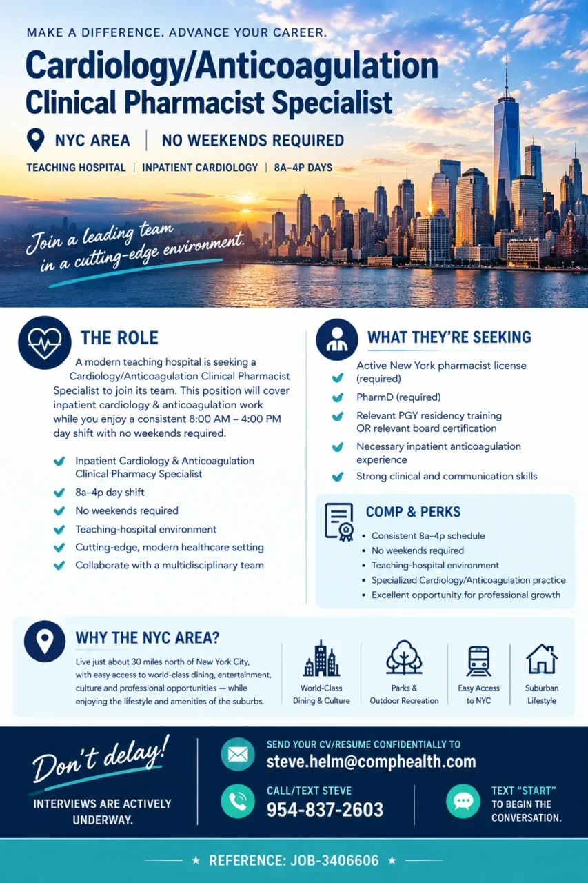 Steve Helm: Cardiology and Anticoagulation Pharmacist Role Opens Near NYC 1 Steve Helm: Cardiology and Anticoagulation Pharmacist Role Opens Near NYC