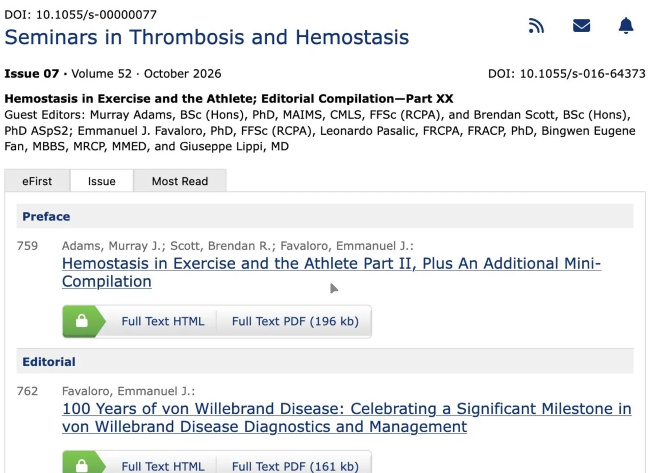Emmanuel J Favaloro: Hemostasis and Thrombosis in Exercise and Athletes