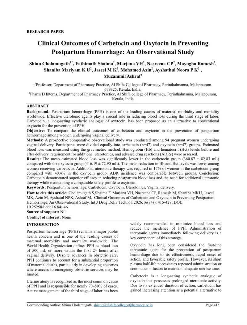 Ayshathul Noora։ Carbetocin vs Oxytocin in Preventing Postpartum Hemorrhage