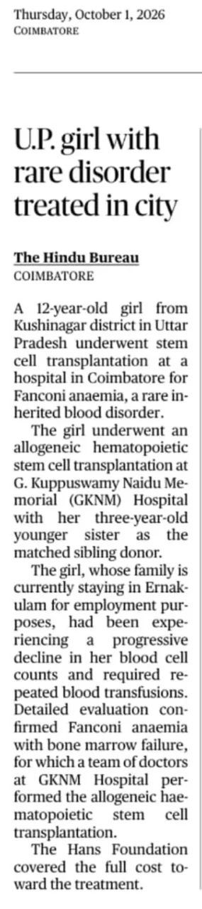 Sandeep Kumar: A Second Chance for a Child with Fanconi Anemia 1 Sandeep Kumar: A Second Chance for a Child with Fanconi Anemia