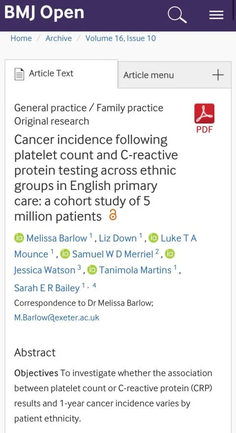Melissa Barlow: Cancer Risk After Platelet Count and CRP Testing