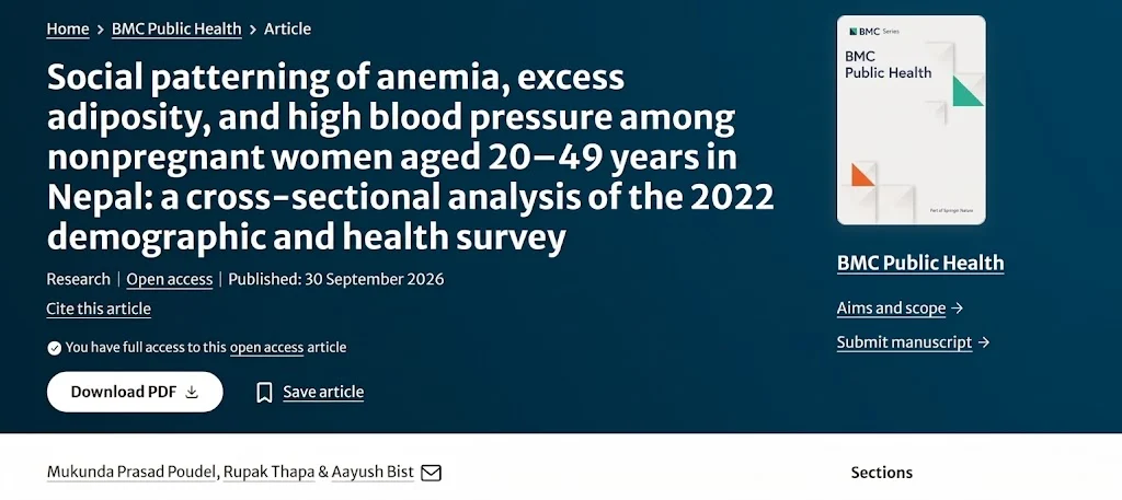 Aayush Bist: Study Reveals Distinct Social Patterns in Anemia, Excess Adiposity, and High Blood Pressure Among Women in Nepal