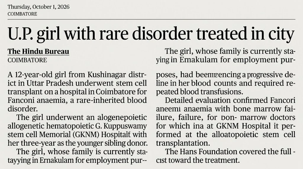 Srivatsan Rangachari: Stem Cell Transplant for 12-Year-Old with Fanconi Anaemia